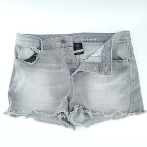 Mossimo 12 High Rise Gray Stonewash Raw Hemline Button Fly Stretchy Short